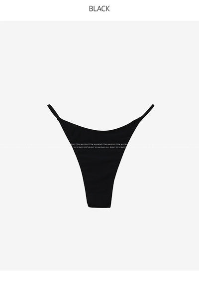 Black pure color bikini with a strapless tie-front bandeau top and matching T-back thong bottoms. - Image 29