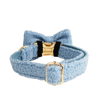 Light blue teddy bear textured dog collar and matching leash set with gold-colored hardware. - Image 37
