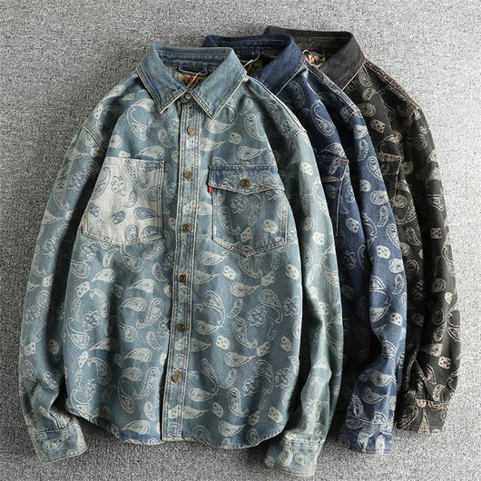Camisa Denim Retro Lujo Suave con Patrón Paisley - Manga Larga Estilo Americano - Image 18