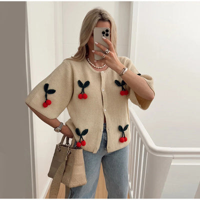 Cardigan Tejido Floral 3D Cuello Redondo Manga Corta - Image 17