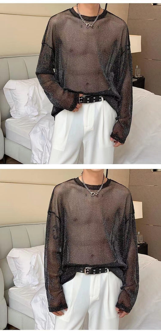 Blusa Mesh Transparente con Hombros Caídos y Mangas Largas - Image 21