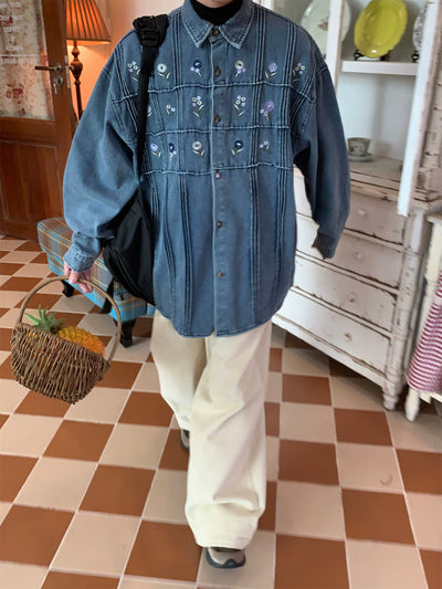 Camisa Denim Vintage Plisada Floral Lavado Clásico Manga Larga - Image 18