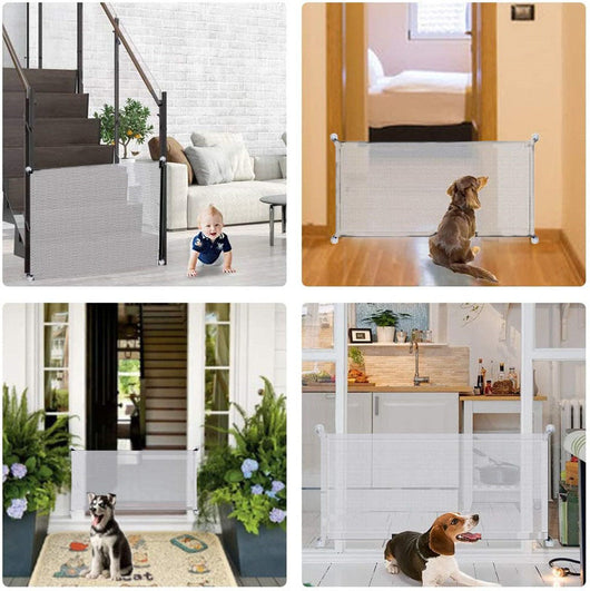 Black mesh pet gate installed at the bottom of a wooden staircase, with a golden retriever sitting in front. - Image 18