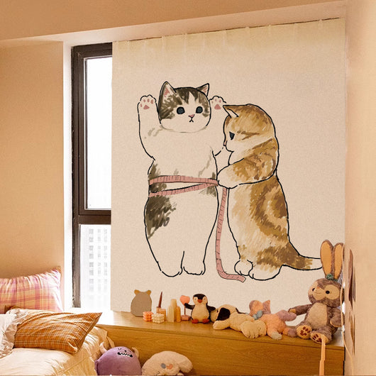 Cute cartoon curtain featuring a grey tabby kitten riding on a brown Shiba Inu puppy, with punch-free Velcro installation. - Image 44