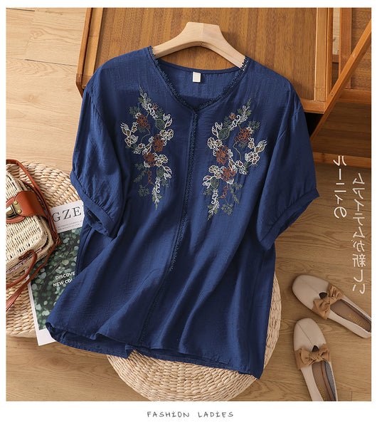 Blusa Suelta de Algodón y Lino con Escote V y Manga Corta para Mujer - Image 65