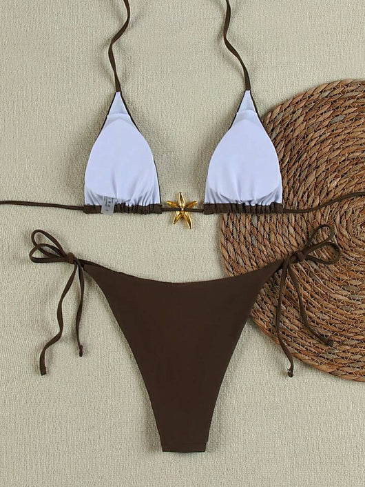 White women's bikini with triangle top and tie-side bottom, featuring a gold starfish charm on the center front. - Image 40