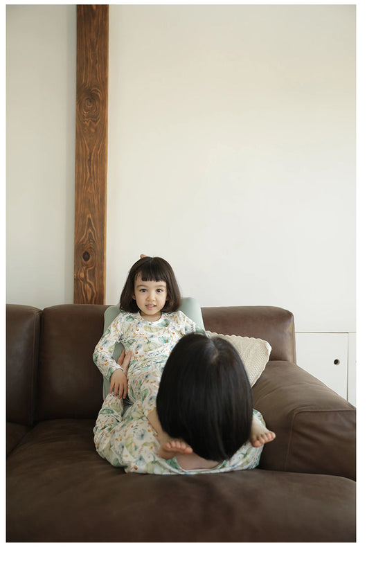 Bamboo cotton knitted parent-child pajama set with a pumpkin print long-sleeve top and solid light blue-grey pants. - Image 13