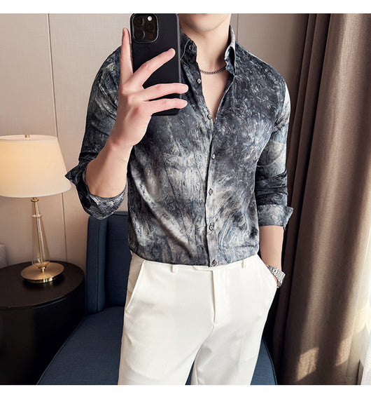 Camisa Tie-Dye Estampada Manga Larga Slim Fit para Hombre - Image 47