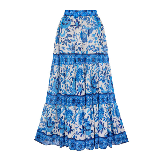 Women's blue and white floral two-piece swimsuit with ruffled cap sleeves and high-waisted bottom. - Image 19