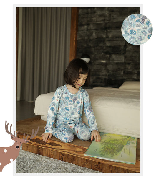 Bamboo cotton knitted parent-child pajama set with a pumpkin print long-sleeve top and solid light blue-grey pants. - Image 43