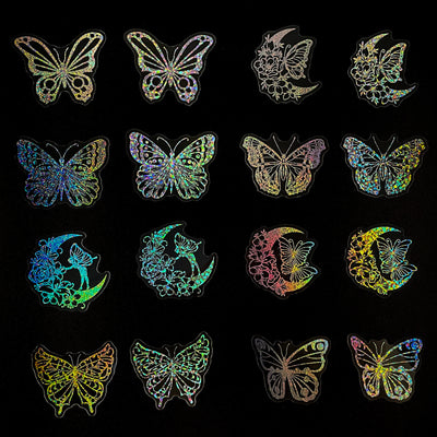 Transparent holographic butterfly laser stickers in various designs, including floral and moon elements, shown individually and in a 100-sheet pack. - Image 11