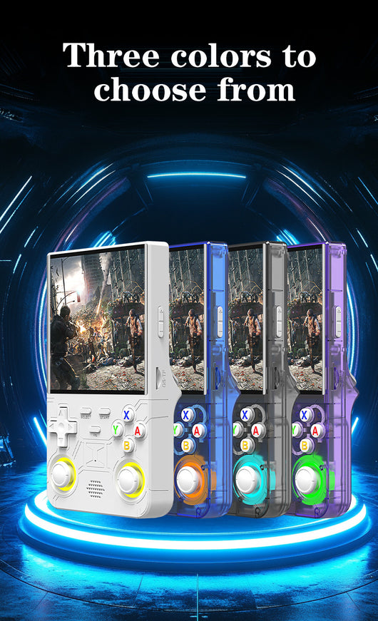White handheld game console with a 4-inch HD screen, dual joysticks, and various buttons, shown with blue, black, and purple variants. - Image 8