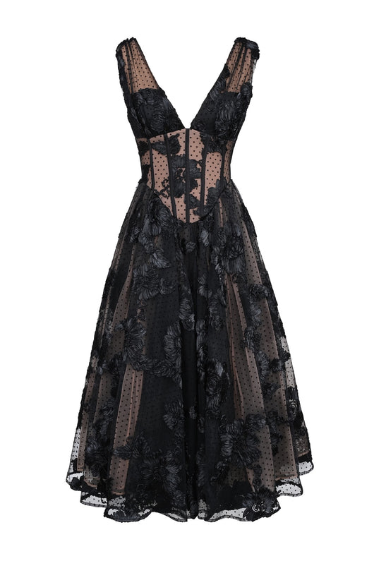Vestido de Noche Elegante Negro Escote en V Profundo Malla - Image 15