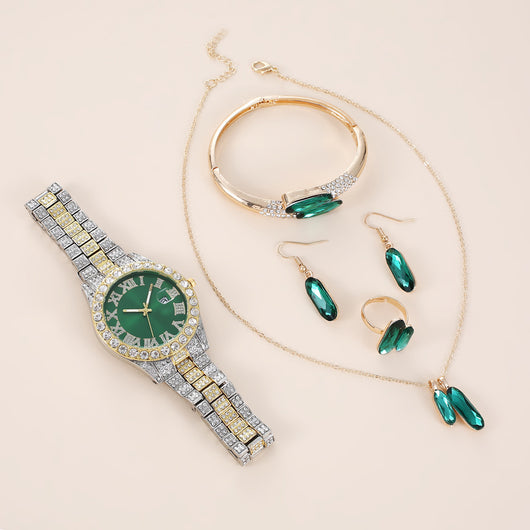 Conjunto de Accesorios en Acero Verde: Reloj, Anillo, Collar y Aretes de Cuarzo - Image 14