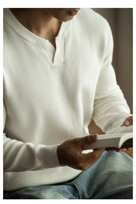 Suéter Henley Casual de Cuello V y Manga Larga para Hombre - Image 15