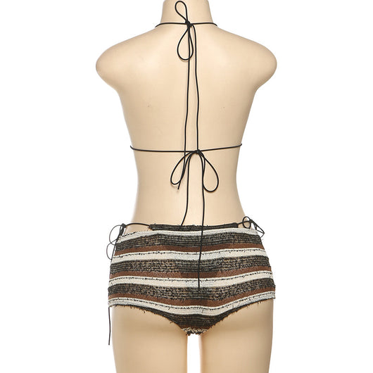 Women's fashion sexy halter lace-up striped bikini three-piece suit with brown, black, and white stripes. - Image 30