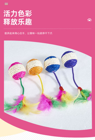 Four sisal ball cat toys with colorful feathers in pink, purple, blue, and teal stripes, for playing and grinding claws. - Image 22