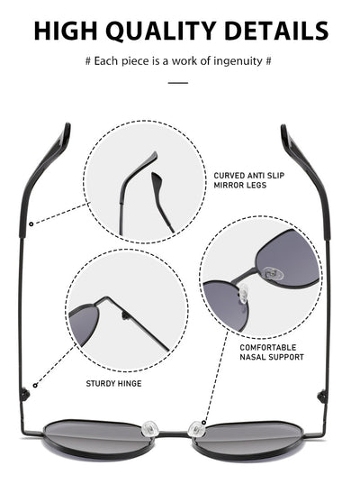 Round metal sunglasses with silver frames and dark gray lenses, featuring black temple tips, on a white background. - Image 28