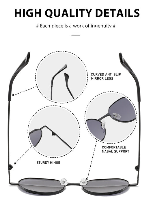 Round metal sunglasses with silver frames and dark gray lenses, featuring black temple tips, on a white background. - Image 28