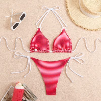 Blue and white gingham plaid bikini swimsuit with triangle top and thong bottom, featuring white tie straps and bows. - Image 40