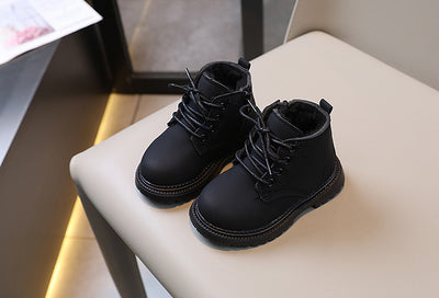 Black children's fashion Martin boots with laces and a side zipper, featuring a thick rubber sole. - Image 30