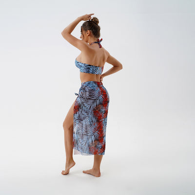 Women's plus size split swimsuit with a blue and green tropical leaf print halter bikini top and matching sarong skirt. - Image 20