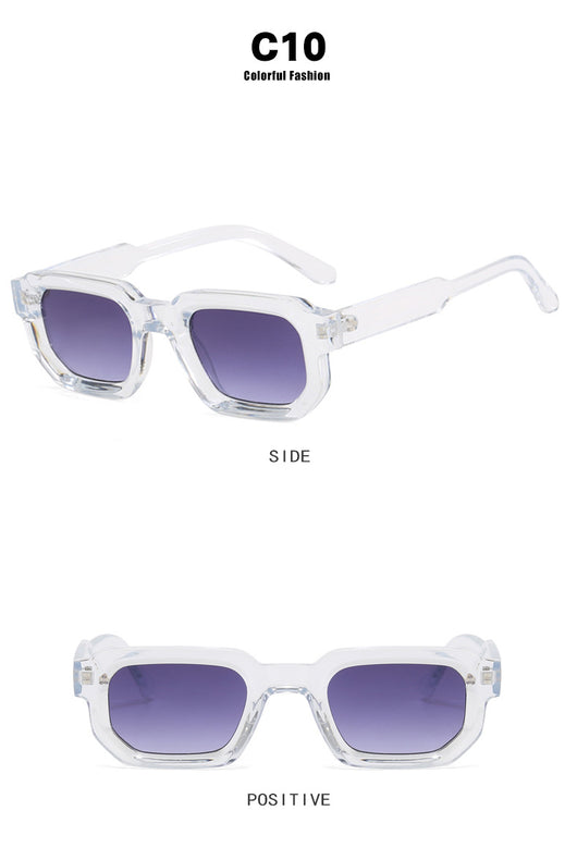 Black square-frame sunglasses with thick, angular frames and dark blue lenses, shown on a white background. - Image 38