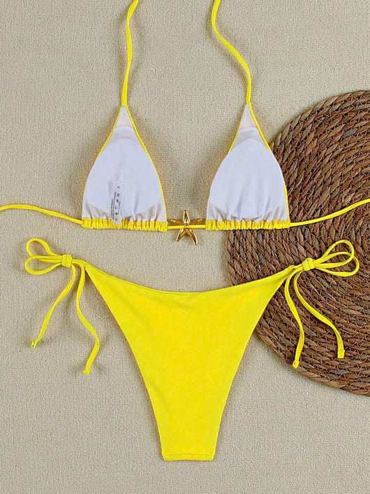 White women's bikini with triangle top and tie-side bottom, featuring a gold starfish charm on the center front. - Image 44