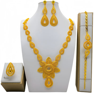 24k gold-plated jewelry set with bell-shaped, textured necklace, bracelet, dangle earrings, and ring on white displays. - Image 8