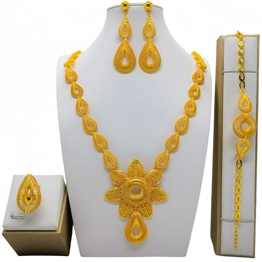 24k gold-plated jewelry set with bell-shaped, textured necklace, bracelet, dangle earrings, and ring on white displays. - Image 8