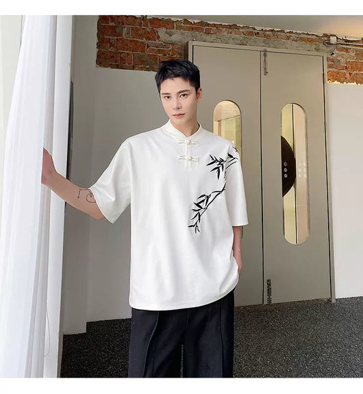Camisa de Manga Corta con Bordado de Hojas de Bambú para Hombre - Image 33