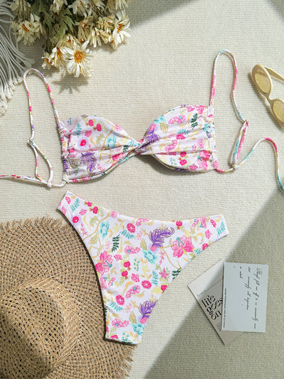 White ribbed two-piece bikini with colorful floral print, featuring a bandeau top and high-cut bottom. - Image 12