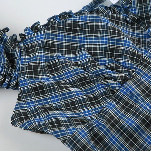 Camisa Cuadriculada Retro Francesa con Cuello Cuadrado Antiedad para Mujer - Image 38