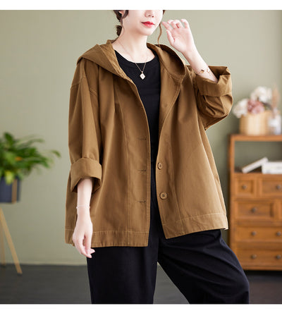 Abrigo Suelto con Capucha Mujer Retro Khaki Algodón Casual Costura Artística - Image 12
