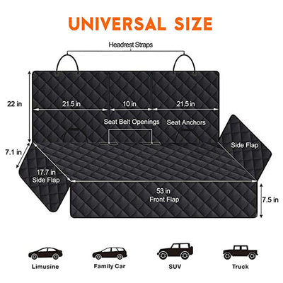 Black quilted car seat cover for dogs, shown with a golden retriever, protecting the rear seat from water and dirt. - Image 13