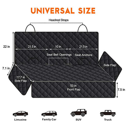 Black quilted car seat cover for dogs, shown with a golden retriever, protecting the rear seat from water and dirt. - Image 13