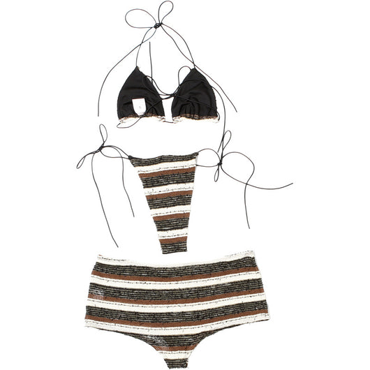 Women's fashion sexy halter lace-up striped bikini three-piece suit with brown, black, and white stripes. - Image 10