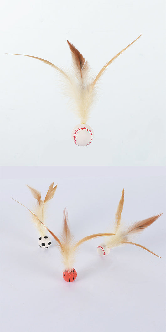 Three cat toys with pink balls and natural beige feathers, displayed on clear stands against a white background. - Image 22