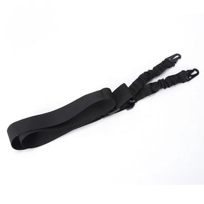 Black crossbody nylon strap with elastic sections, adjustable buckles, and two metal hooks for tension adjustment. - Image 12