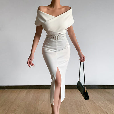 Falda Elegante con Hombro Descubierto y Abertura Lateral - Image 14