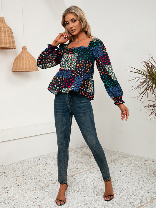 Blusa Casual con Cuello Cuadrado, Mangas Volantes y Flores Pequeñas - Image 9