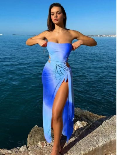Blue ombre one-piece swimsuit with side cutouts and a matching blue ombre sarong with tie closure. - Image 26