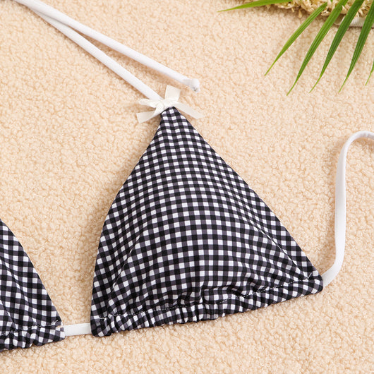 Blue and white gingham plaid bikini swimsuit with triangle top and thong bottom, featuring white tie straps and bows. - Image 44