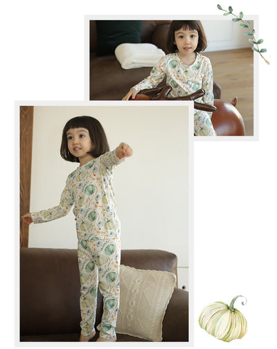 Bamboo cotton knitted parent-child pajama set with a pumpkin print long-sleeve top and solid light blue-grey pants. - Image 29
