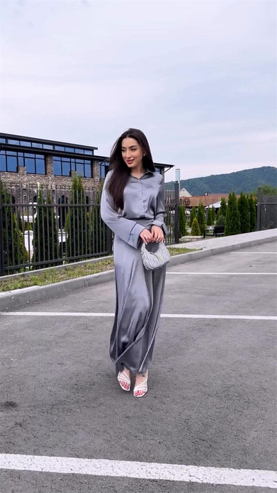 Conjunto de Falda y Blusa de Satén Elegante con Mangas Largas - Image 9