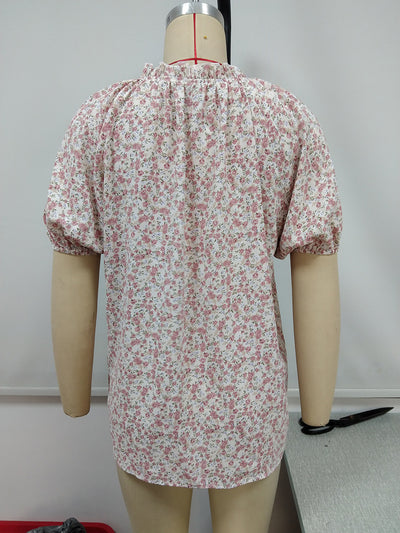 Camisa Suelta Casual con Estampado Floral Pequeño y Cuello en V - Image 32