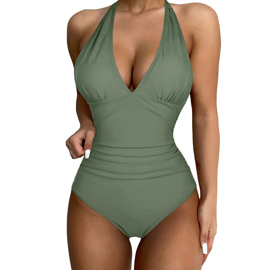Black halter one-piece swimsuit with a deep V-neck and ruched detailing, designed for a slimming vacation look. - Image 9