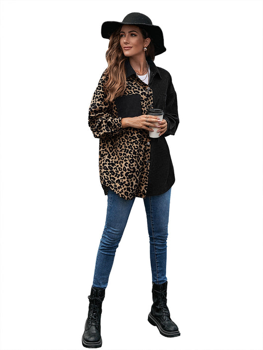 Blusa Suelta Estampado Leopardo Manga Larga Bicolor para Mujer - Image 30