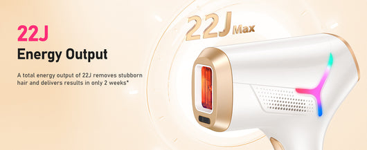 White and gold IPL hair removal device with safety glasses and razor, shown with its "Hair Removal" packaging. - Image 21