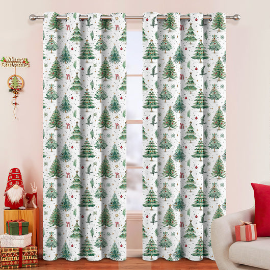 White Christmas curtains with green trees, red ornaments, and gold stars, hung on a silver rod. - Image 13
